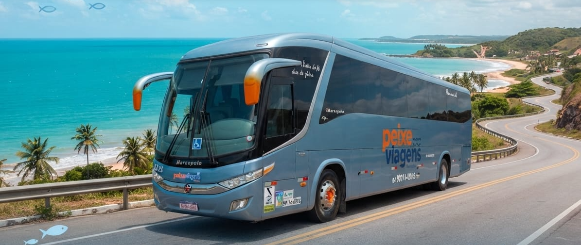 Ônibus próprio da Peixe Viagens na estrada, no litoral do Rio Grande do Norte